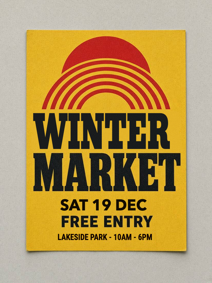 实际下载的海报显示 WINTER、SAT 19 DEC 和 LAKESIDE PARK;MARKET 与 FREE ENTRY 保留。